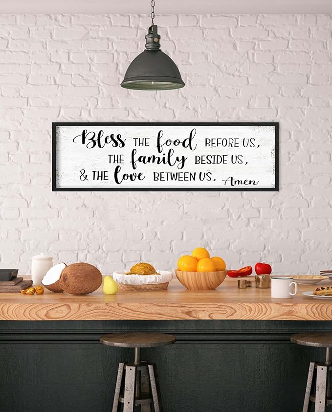 Bless the Food Before Us Wall Decor: Farmhouse Rustic Kitchen Signs Wall Decor Framed Hanging Wall Plaques 12" x 40",Inspirational Quotes The Family Beside Us Signs-Ruum Studio Home