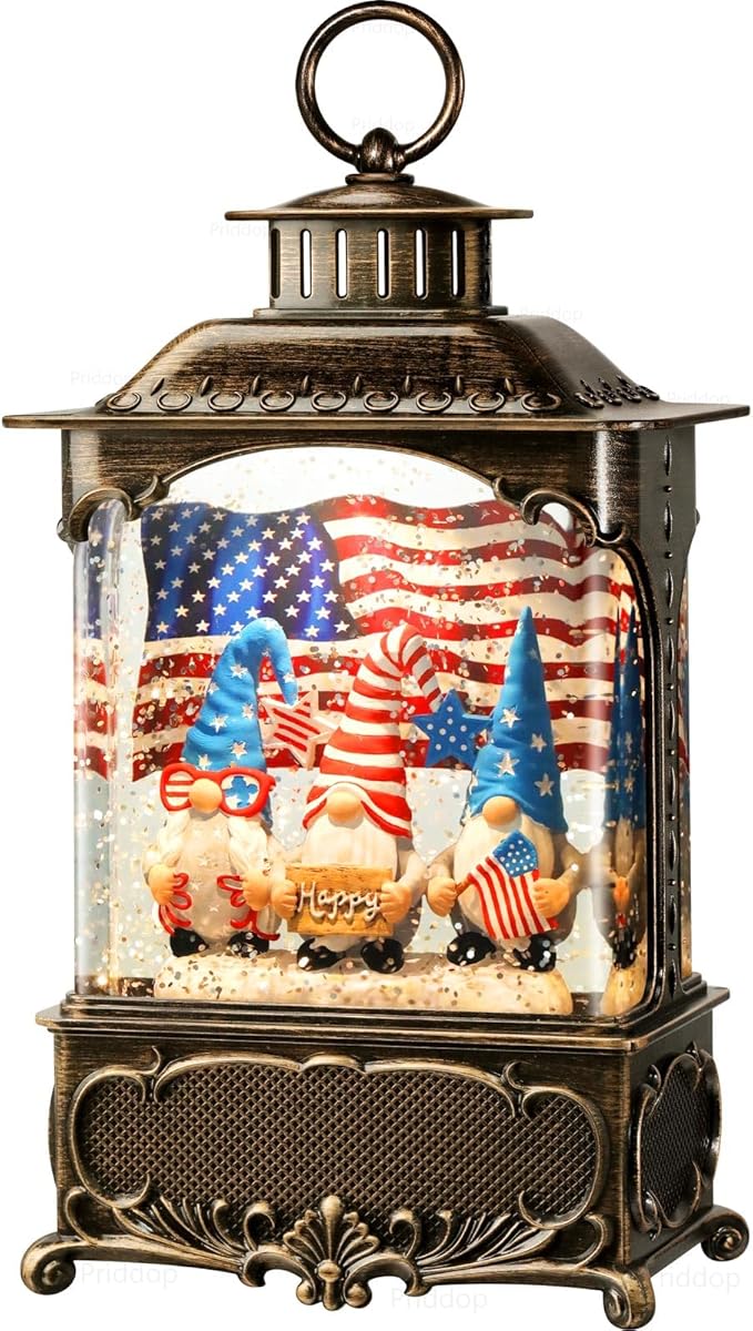 Gnome Snow Globe Lantern 4th of July Decorations with Timer, USB and Battery Powered 4th of July Shirts Patriotic Gnomes and American Flag Independence Day 10.2 inch-Ruum Studio Home