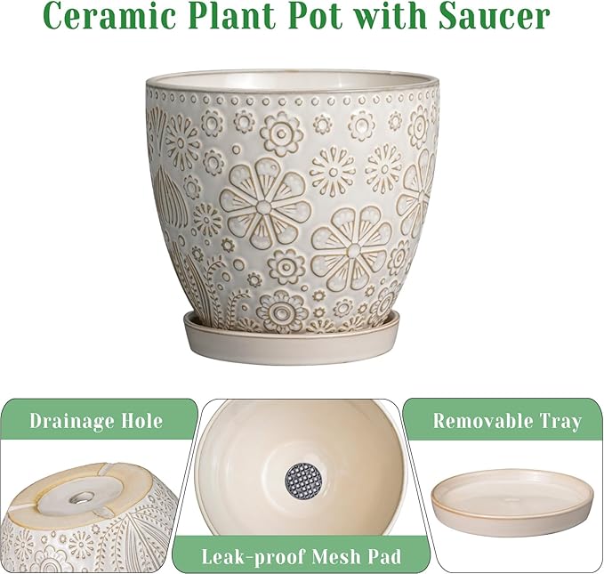 6.9 Inch Plant Pot with Drainage Hole and Saucer Ceramic Planter for Indoor Plant Flower Pot for Orchid Succulents Plants White-Ruum Studio Home