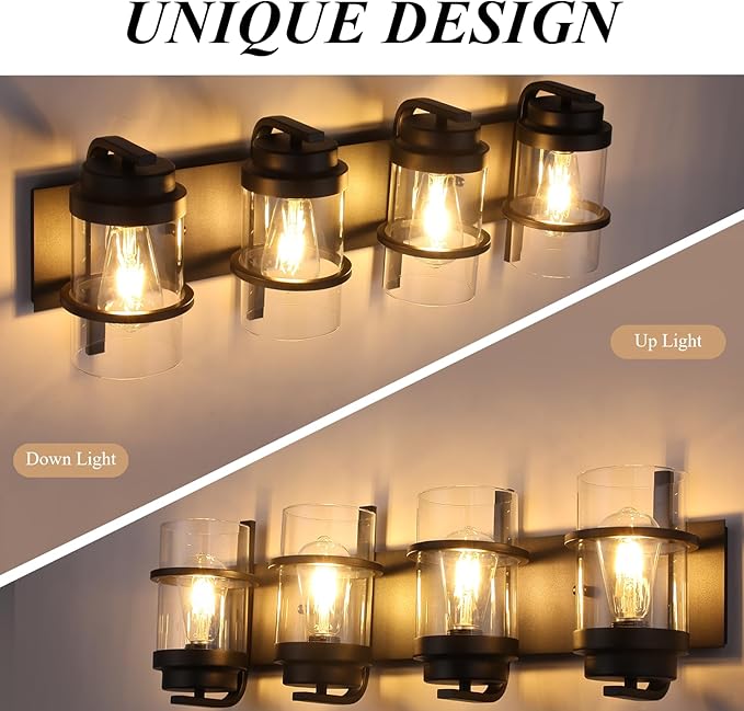 Bathroom Vanity Light Fixtures,4 Lights Matte Black Vanity Lights, Industrial Black Wall Sconces 4 Lights,Farmhouse Bathroom Lights(Bulbs not Included)-Ruum Studio Home