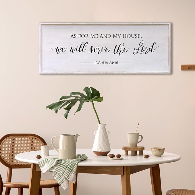 As for Me and My House We Will Serve the Lord Wall Decor - 32" x 12" Large Rustic Family Living Room Wood Framed Home Sign Joshua 24 15 Christian Bible Verse Plaque Hanging Wall Art(White)-Ruum Studio Home