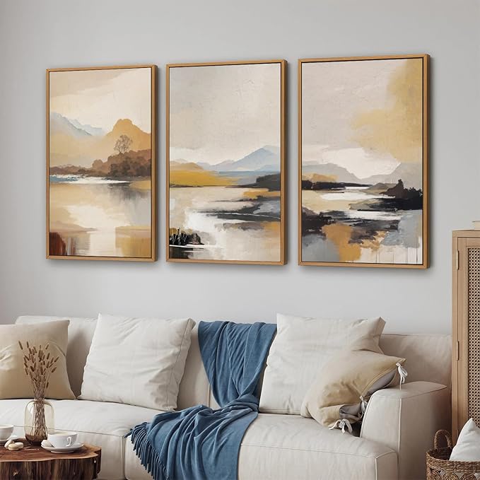 Tinonedraw Beige Mountain Landscape Framed Canvas Wall Art, Abstract Mid Century Modern Wall Decor, Golden Hour Lake Artwork, Neutral Nature Scenery Art Printing for Living Room Bedroom Office 16"x24"x3-Ruum Studio Home