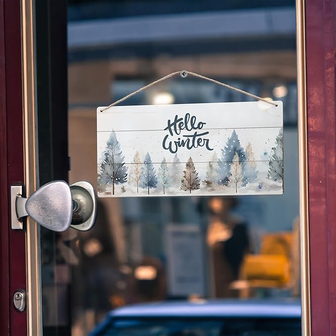 DUXMNAMG Hello Winter Welcome Hanging Wooden Signs 12x6, Pine Tree Decor, Winter Door Decorations, Winter Door Sign, Rustic Winter Christmas Snowflakes Trees Home Room Office Hanging Wall Decor-Ruum Studio Home