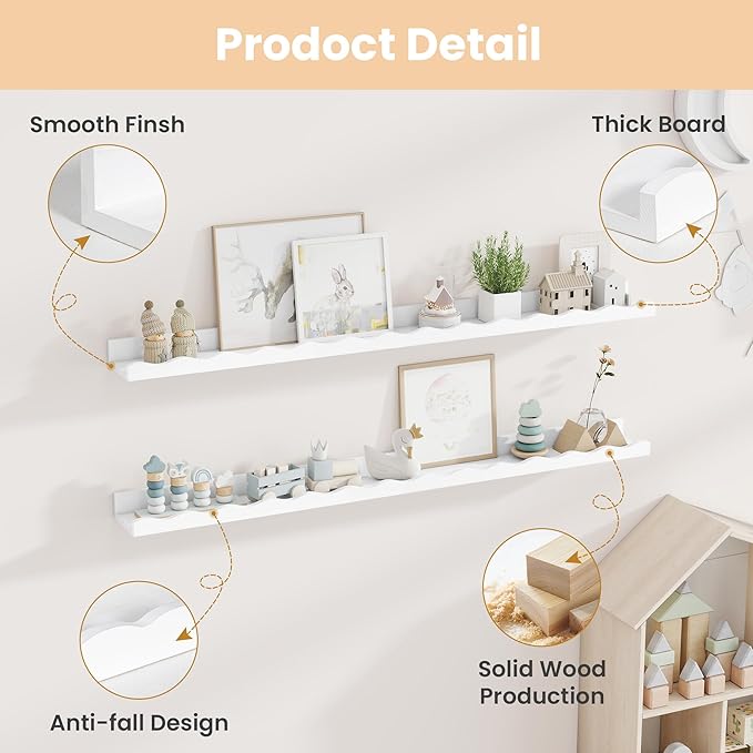 Fun Memories Picture Ledge Shelf for Wall, 48 inch Pine Wood Nursery Book Shelves Set of 2- Wall Book Shelves for Kids Room, Home Decor - Kitchen Spice-White-Ruum Studio Home