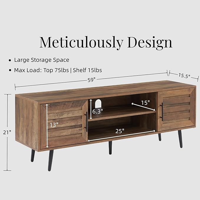 Mid Century Wooden TV Stand Entertainment Console with Open Shelving and 2 Cabinets for Televisions up to 65 Inches(Rustic Oak)-Ruum Studio Home