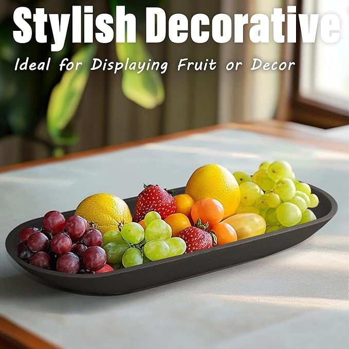 Large Decorative Bowl for Home Decor - Long Dough Bowl with Anti Slip Base for Table Centerpieces - Black Minimalist Design Dough Decor Bowl for Coffee Table, Dining Table Centerpiece-Ruum Studio Home