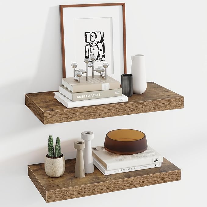 24 Inch Floating Shelves, 12 Inch Deep Floating Shelves for Wall, Floating Shelf with Invisible Brackets, Deep Shelves for Bathroom, Bedroom, Living Room, 2 Pack, Brown-Ruum Studio Home