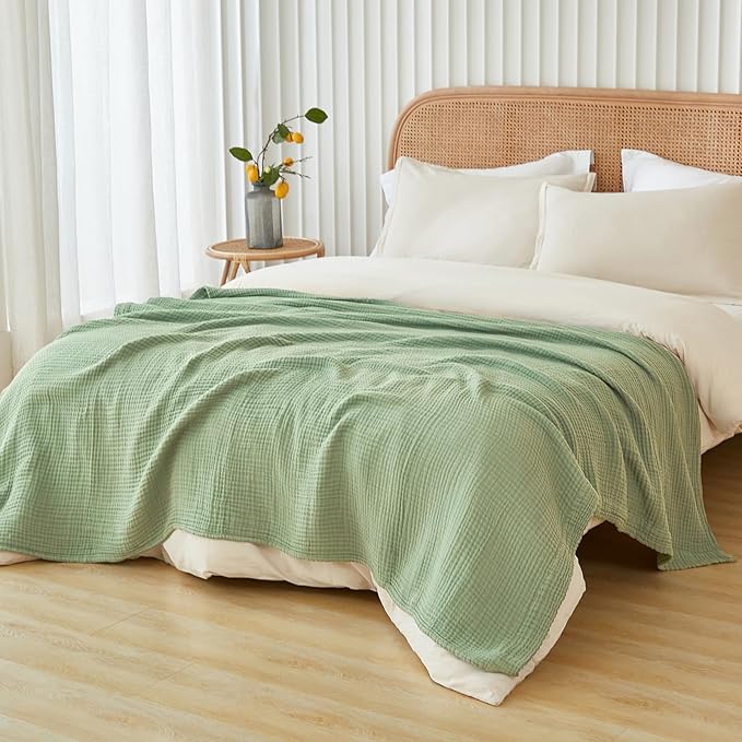 EMME Cotton Blanket Queen Size for Bed Soft Large Muslin Bed Blankets 90"x90" Lightweight Breathable Blanket Bedspread All Season Gauze, Sage Green-Ruum Studio Home