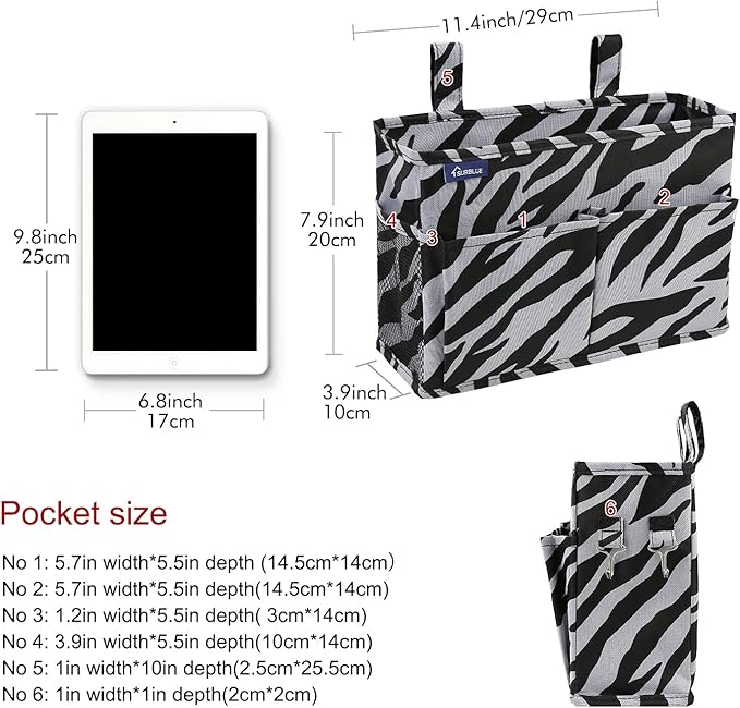 Surblue Caddy Hanging Organizer Bedside Storage Bag for Bunk and Hospital Beds, Zebra, Small-Ruum Studio Home