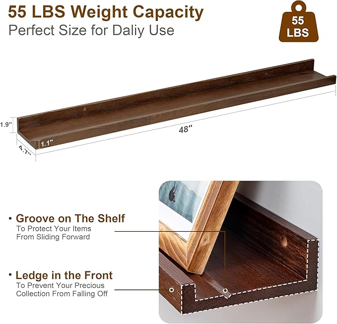 Floating Picture Ledge Shelves 48 Inch Solid Oak Wood Set of 2, Rustic Wall Storage Shelves with Lip, Kids Bookshelf, Photo & Picture Ledge Shelves for Bedroom, Living Room, Kitchen-Ruum Studio Home