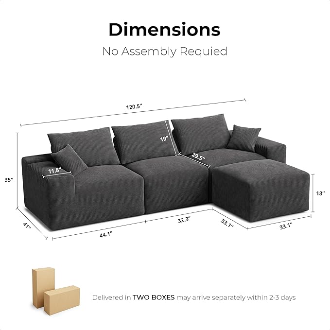 LIKIMIO 120" Modern L-Shaped Modular Sectional Sofa for Living Room, Corduroy Upholstery Dark Grey, Oversized 3-Seater Couch with Deep Seat and Movable Ottoman – No Assembly-Ruum Studio Home