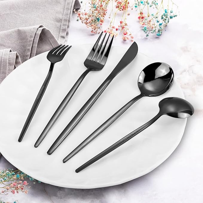 Black Silverware Set, KassKa 40 Pieces Flatware Cutlery Set, Stainless Steel Utensils Set Spoon Fork Knives Set for Home Restaurant and Kitchen, Mirror Polished Finished, Service for 8-Ruum Studio Home