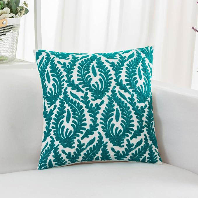 HWY 50 Teal Decorative Throw Pillow Covers 18x18 Inch (1 Piece), Embroidered Cotton Farmhouse Cushion Cover Pillow Case for Sofa Couch Living Room Bed Bedroon, Floral Branches-Ruum Studio Home