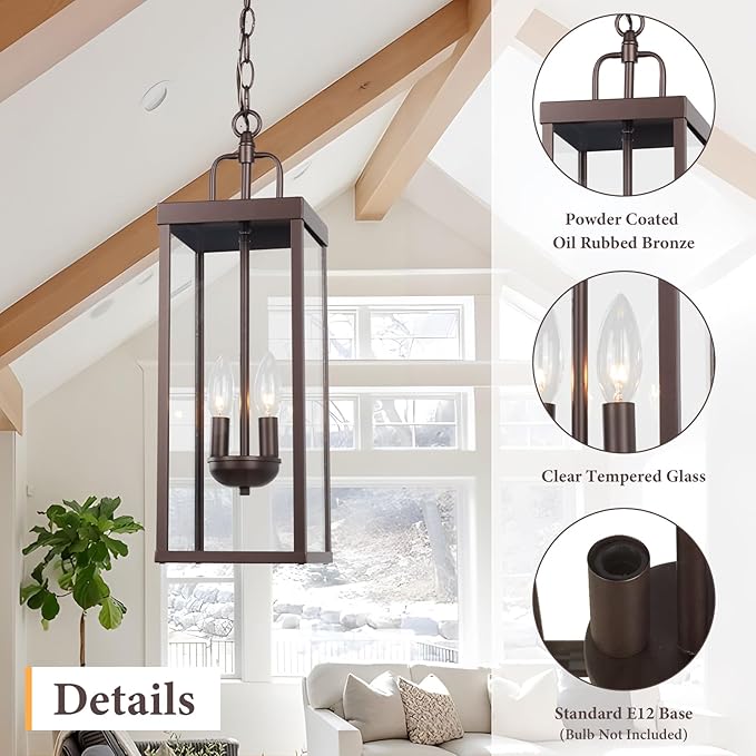 Large Outdoor Pendant Lantern Light Fixture for Front Porch, 20 Inch 2-Light Bronze Exterior Hanging Chandelier with Clear Glass, Outdoor Indoor Pendant Lamp for Patio, Gazebo, RZ008M-H ORB-Ruum Studio Home