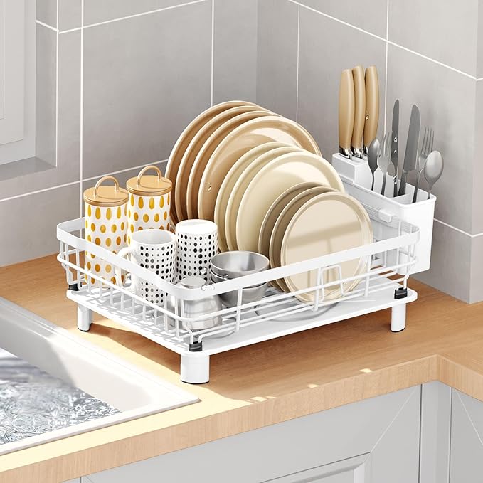 GAXmi Dish Drying Rack Over The Sink Dish Drainer with Drainboard Utensil Holder, 1-Tier White-Ruum Studio Home