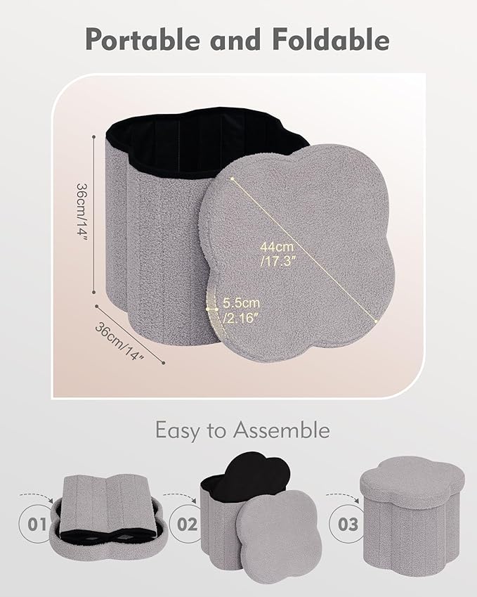 B FSOBEIIALEO Storage Ottoman Cube, Flowers Shaped Ottomans with Storage Foot Stool Footrest, Boucle Ottoman Seat for Dorm Room, Faux Teddy Fur, Grey 15"x15"x15"-Ruum Studio Home