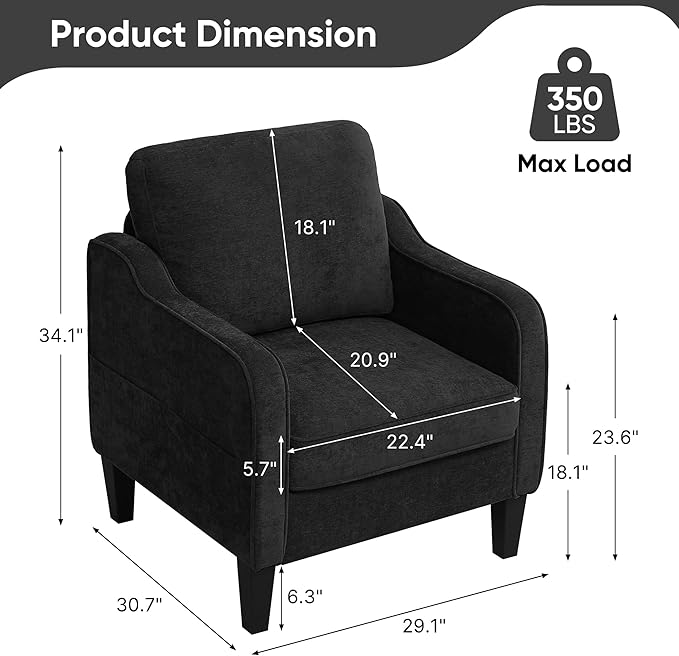 Accent Chairs Set of 2, Upholstered Living Room Chairs with Side Pockets, Mid Century Modern Reading Chair for Bedroom, Comfy Armchair Single Sofa Side Chair for Office, Small Room, Black-Ruum Studio Home