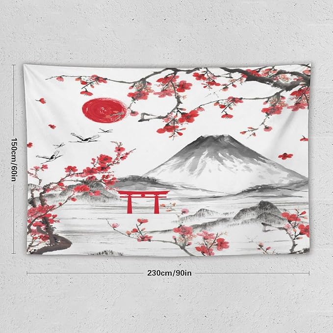 Red Cherry Blossoms Tapestry, Japanese Fuji Mountain Tapestry, Asian Japanese Wall Tapestry, Nature Landscape Tapestries for Bedroom Living Room Decor 90"x60"-Ruum Studio Home