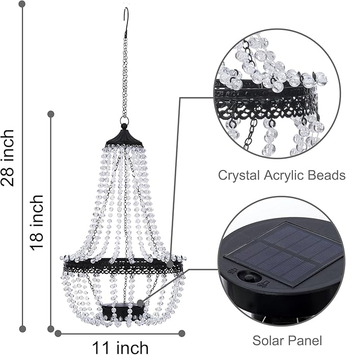 Hanging Solar Chandelier Outdoor, 30 Cool White Lights Acrylic Clear Beaded Chandelier with S Hooks Modern Lantern for Garden Yard Patio Gazebo Decorations, 28”H-Ruum Studio Home