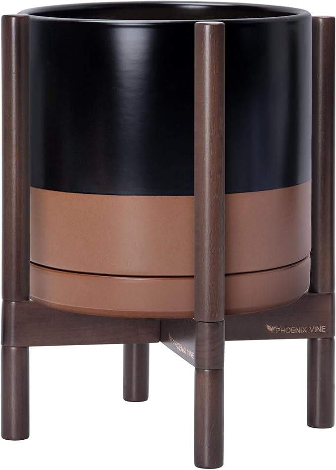 D'vine Dev Ceramic Planter with Walnut Color Stand - 12 Inch Modern Round Flower Pot with Wood Planter Holder, Black/Speckled Tan, 55-B-W-7-Ruum Studio Home