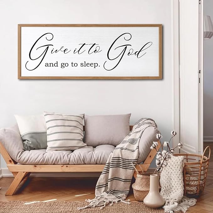 Give It To God And Go To Sleep Sign Wall Decor 40x15 Inch Large Farmhouse Master Bedroom Above Bed Hanging Wall Art Rustic Guest Room Wood Framed Over Bed Wall Decoration (Wood White)-Ruum Studio Home