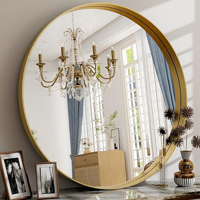 24 Inch Round Bathroom Mirror - Wall Mounted Circle Mirror with Metal Frame, Modern Mirror Suitable for Bathroom, Vanity, Entryway, Living Room, Wall Decor,Gold-Ruum Studio Home