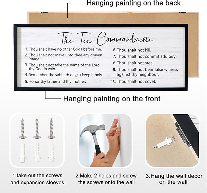 The Ten Commandments Rustic Bible Verse Framed Wall Art, 40''×15'' Positive Religious Christian Saying Sign for God Jesus Christ Prayer, Vintage Horizontal Holy Inspirational Catholic Scripture Decor-Ruum Studio Home