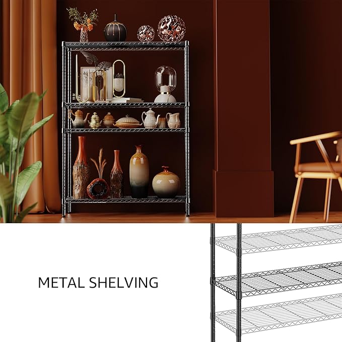 IZEUK 1400 LBS Garage Black Shelving Wide Storage Shelves 4 Tier Adjustable Heavy Duty Metal Wire Rack Standing Shelf Unit for Kitchen Office College Dorm Garage Warehouse 15.8" x 45.8"x 59.4"-Ruum Studio Home