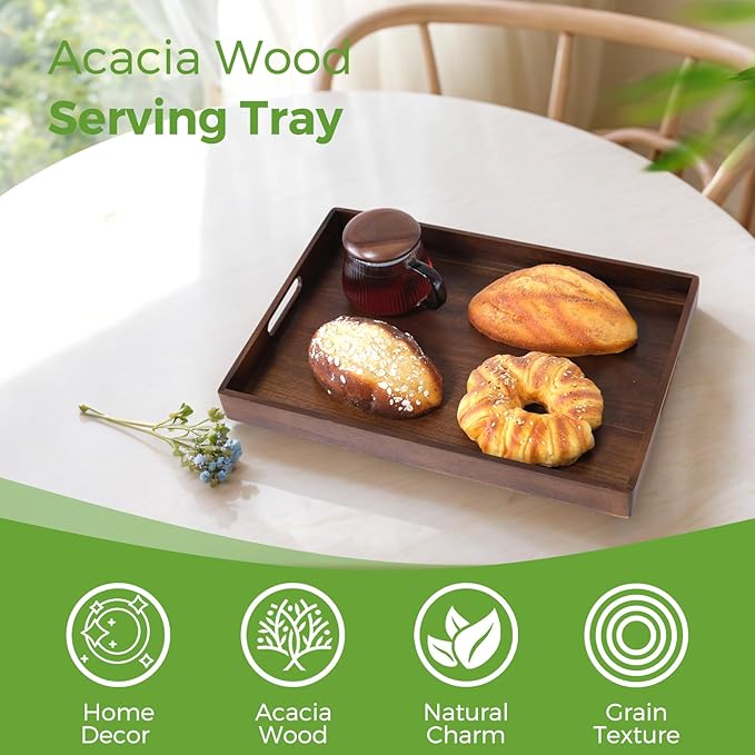 Acacia Wood Serving Tray with Handles, 17 Inch Wooden Tray for Ottoman, Breakfast, Lunch, Dinner, Decorative Rectangular Tray for Living Room, Kitchen Counter, Outdoor-Ruum Studio Home