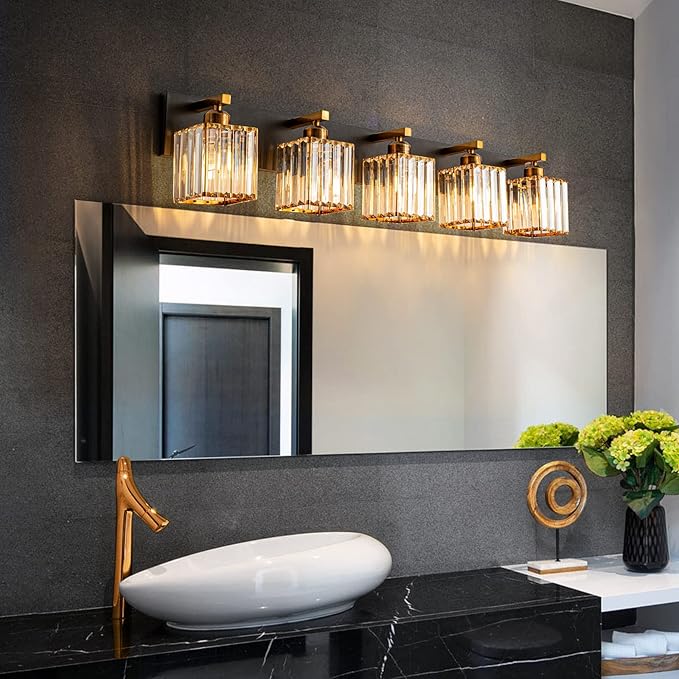 Modern Bathroom Vanity Light 5-Lights Black Gold Crystal Bathroom Wall Light Vanity Light Fixtures，36.22-inch Modern Minimalist Design-Ruum Studio Home