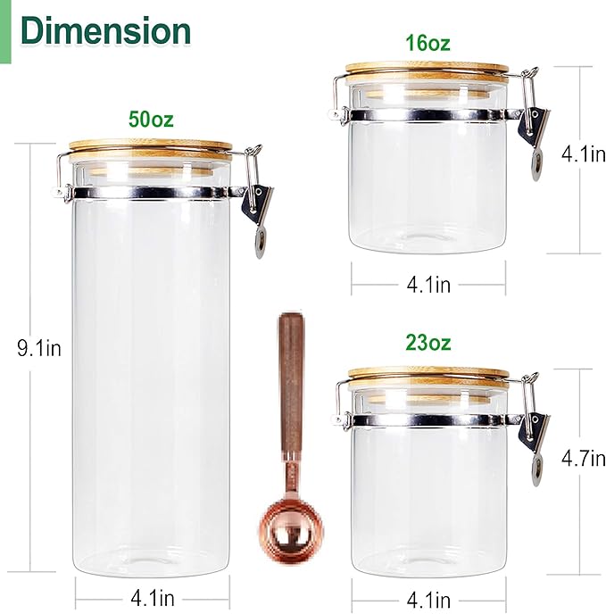 Urban Green Borosilicate Glass Storage Jars with Airtight Locking Clamp Lids, Airtight Canister Set，Coffee Set of 3 with Spoon (50oz, 24oz, 18oz), Storage Containers with Bamboo Lid-Ruum Studio Home