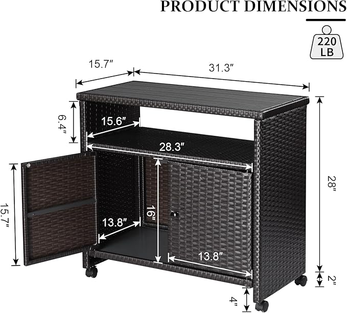 Outdoor Wicker Storage Cabinet - Patio Bar Table with Wheel,Outdoor Buffet Cabinet Movable,Garden Weather-Proof Bar Table/Cart for Indoor&Outdoor (Dark Brown)-Ruum Studio Home