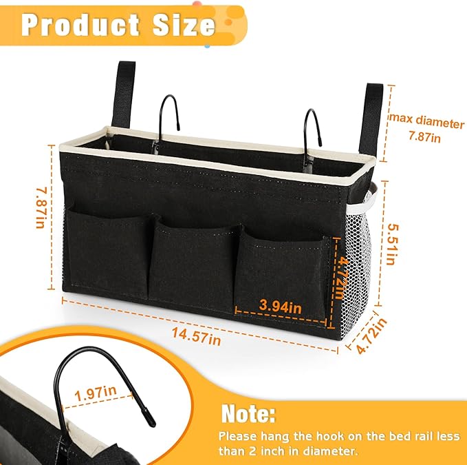 Bedside Caddy Bedside Organizer Bedside Storage Caddy with Fixed Straps and Water Bottle Holder for Home College Dorm Bunk Bed Hospital Bed Crib Bed Rails (2pcs Black)-Ruum Studio Home
