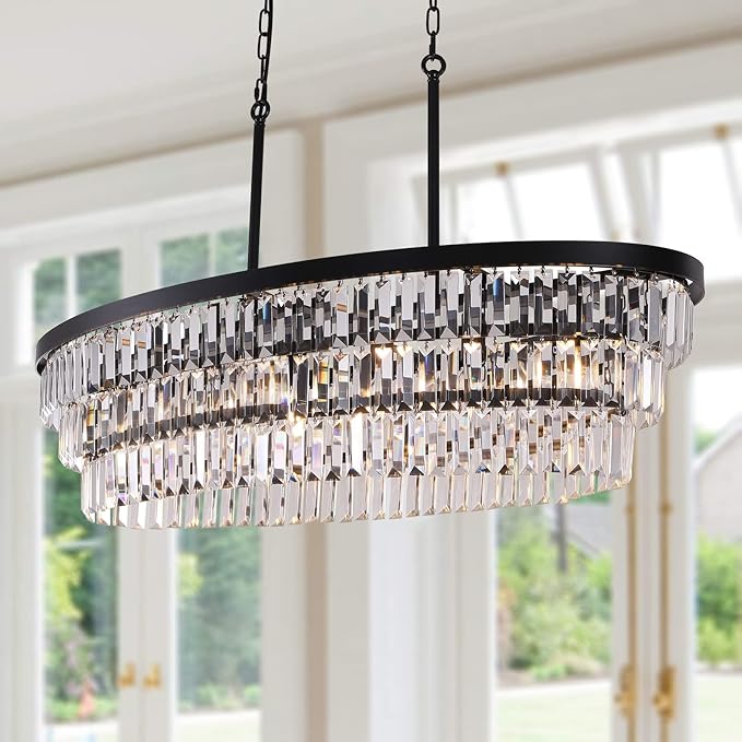 TOCHIC Chandelier 40 inch, Farmhouse Black Crystal Chandelier, Kitchen Island Lighting, Dining Room Light Fixture for High Ceiling, Modern Linear Oval Chandeliers for Living Room, Office Area, Bar-Ruum Studio Home