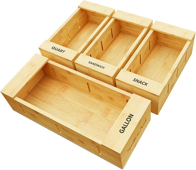 SpaceAid Bag Storage Organizer for Kitchen Drawer, Bamboo Organizer, Compatible with Gallon, Quart, Sandwich and Snack Variety Size Bag (4 Pack), 2.5" High-Ruum Studio Home
