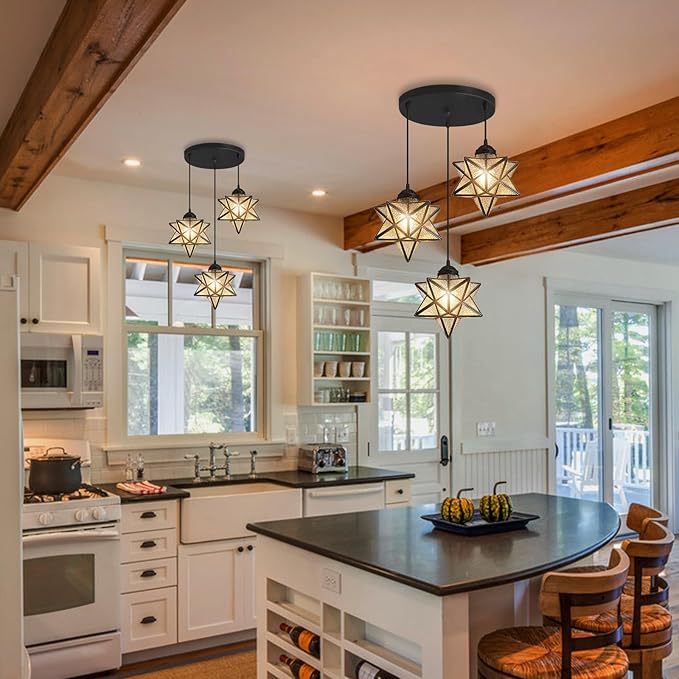 Farmhouse Glam Chandelier with Glass Star Pendants Light Fixture Elegant Ceiling Hanging Lights Included Warm Light Bulbs Black-Ruum Studio Home