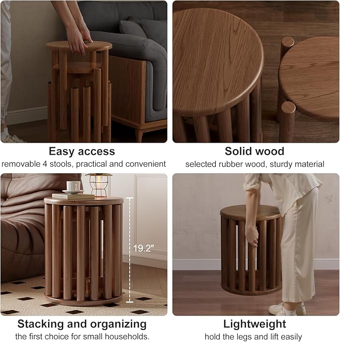 Stackable Stools Set of 4, Wooden Stools 18 Inch Stool Nesting Side Tables Nesting Coffee Table Sturdy and Durable, No Installation Required,Top Stackable Round Stool for Saving space(Walnut Barstool)-Ruum Studio Home