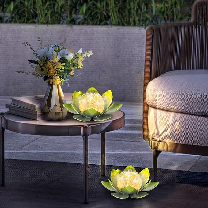 Garden Solar Light Outdoor(2Pack),Crackle Globe Glass Lotus Decoration, Waterproof Metal LED Flower Lights for Patio,Lawn,Walkway,Tabletop,Ground-Ruum Studio Home