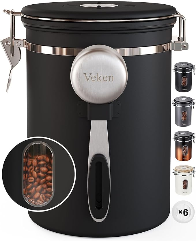 Veken Coffee Canister with Window,Airtight Stainless Steel Container,Home Kitchen Food Storage Organizers for Grounds,Beans,Espresso,Rice,Tea,Sugar,Flour, Cereal,Scoop,Bar Accessories,Gifts,22OZ,Black-Ruum Studio Home
