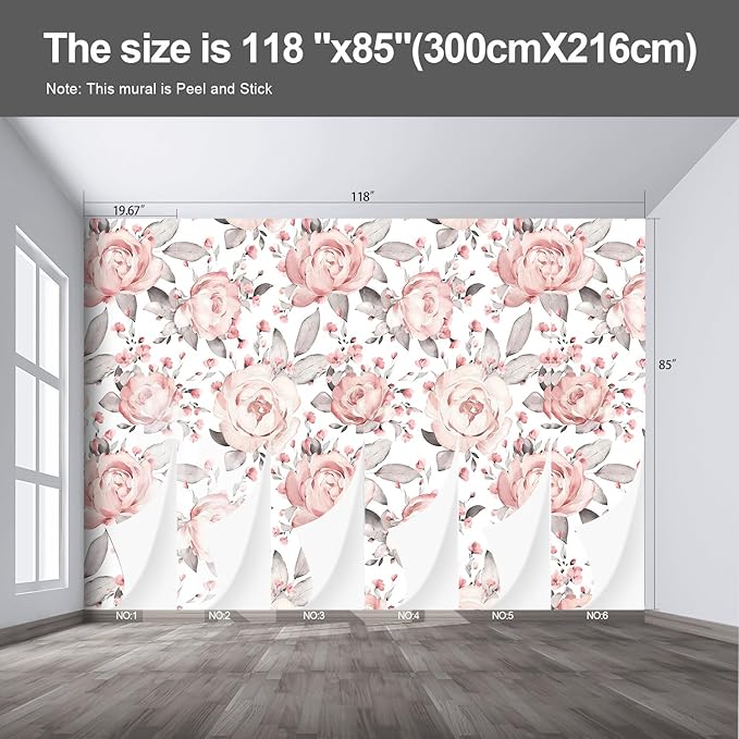 Pink Floral Wall murals Peel and Stick Flowers Wallpaper for Bedroom Living Room - 85"x118"-Ruum Studio Home