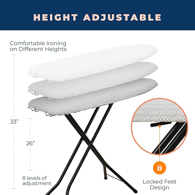 Ironing Board with Iron Rest, Iron Board with 3 Layers Extra Thick Cover, Compact and Space Saver Foldable Ironing Board, Adjustable Height, Easy Storage with Smart Hanger and Lightweight Design-Ruum Studio Home