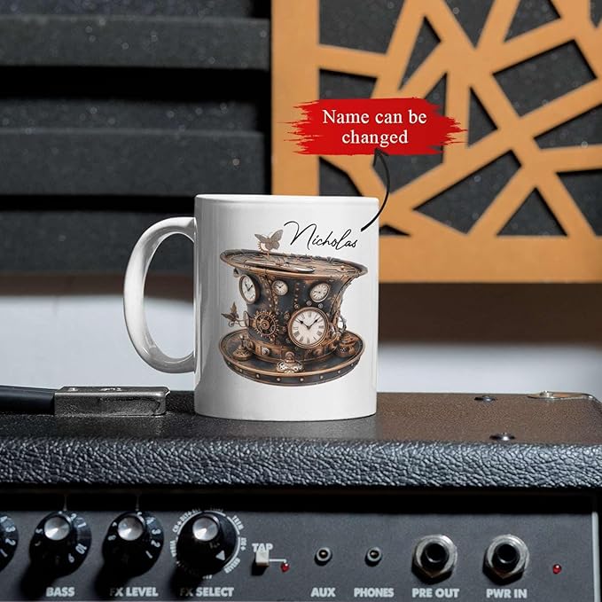 Personalized Coffee Mug Gift For Men, Customized Choose Name White Cup 11oz Or 15oz, Unique Steampunk Design Ceramic Cup, Custom Clock Themed Decorative Cup, Steampunk Decor Mug-Ruum Studio Home