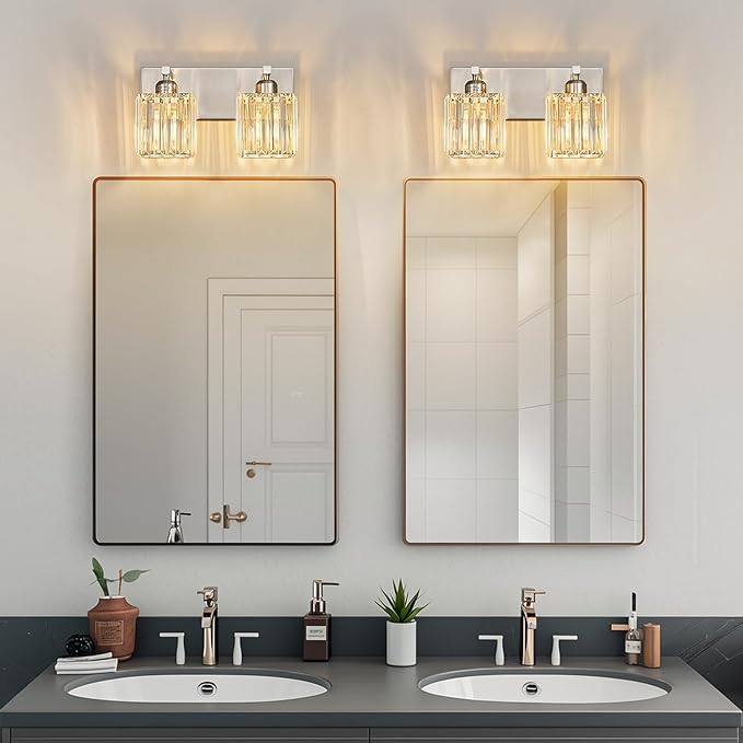 Modern Vanity Light 2-Lights Brushed Nickel Vanity Light Crystal Bathroom Wall Light Bathroom Light Fixtures-Ruum Studio Home