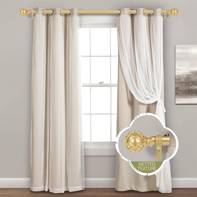 Gold Adjustable Curtain Rods for Windows:Farmhouse Heavy Duty Curtain Rod for Bedroom Living Room,Boho Decorative Rustic Drapery Rod with Vintage Coastal Texture Finial,Brass Gold 2Pack 18-45"-Ruum Studio Home