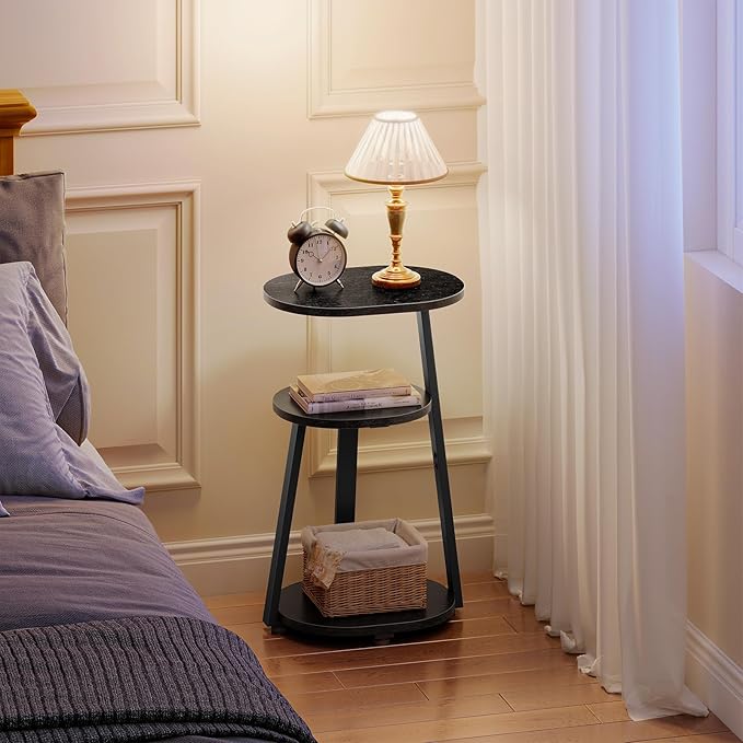 Side Table, Small End Table with Metal Frame, 3-Tier Bedside Tables, Round Side Tables for Living Room Bedroom Couch Bathroom, Oval, Pure Black-Ruum Studio Home