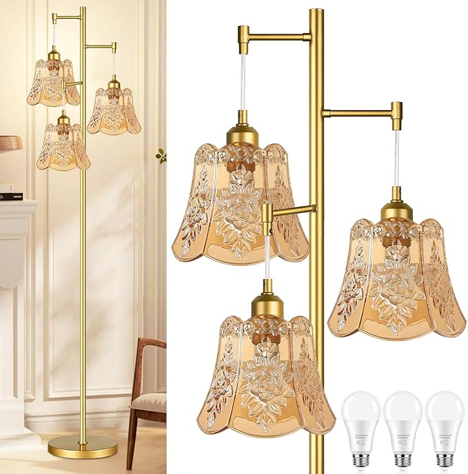 Gold Floor Lamp for Living Room,Bedroom,Tree 3 Light Standing Lamp Mid Century Modern Brass Tall Floor Lamps Vintage Retro Floor Lights Glass Green Flower Lamp Shade Farmhouse Boho Bohemian-Ruum Studio Home