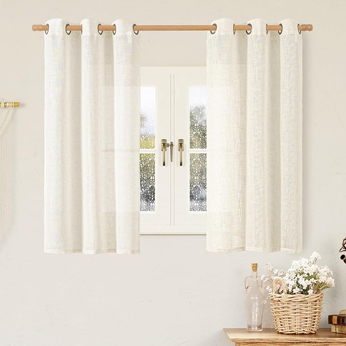 LAMIT 45 Inch Short Window Linen Curtains, Cream Ivory Light Filtering Panels Bronze Grommet Neutral Drapes for Cafe/Bathroom/Loft Room, Natural, 2 Panels, 34 x 45 Inch-Ruum Studio Home