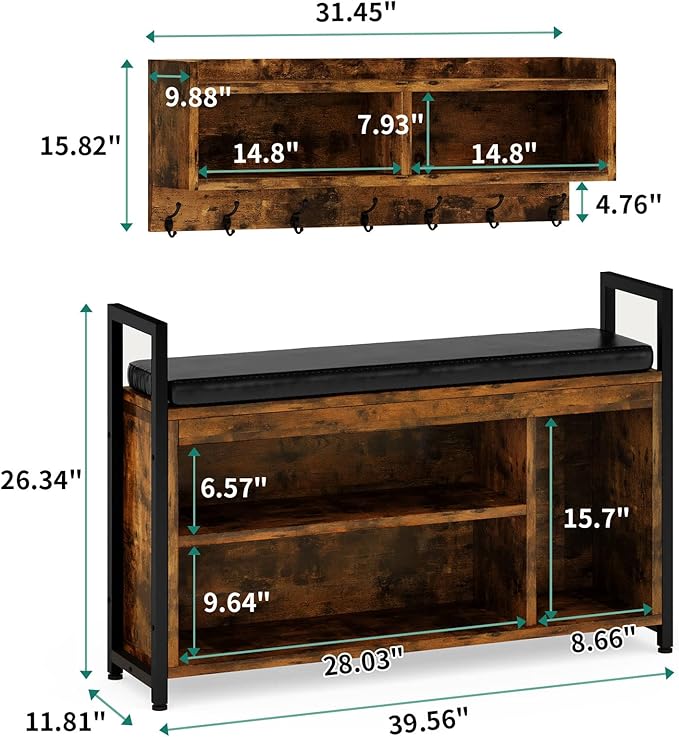 YITAHOME Hall Tree with Bench for Entryway, Wall Mount Coat Rack Shoe Bench Set, Industrial Entrance Organizer with Storage for Hallway, Rustic Brown-Ruum Studio Home