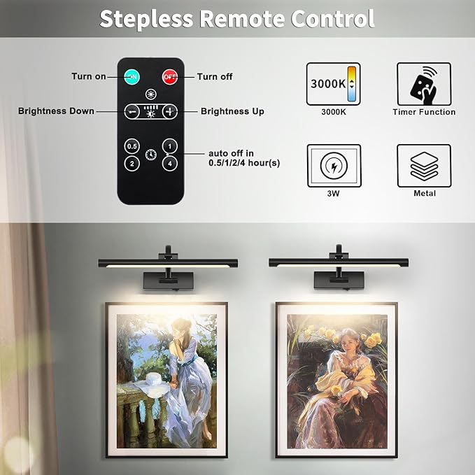 Picture Lights Battery Operated with Remote and Dimmable Function, Rechargeable Gallery Light Black Art Light Wireless Painting Lights 16'' Inch for Display, Portrait, Artwork, Warm White-Ruum Studio Home