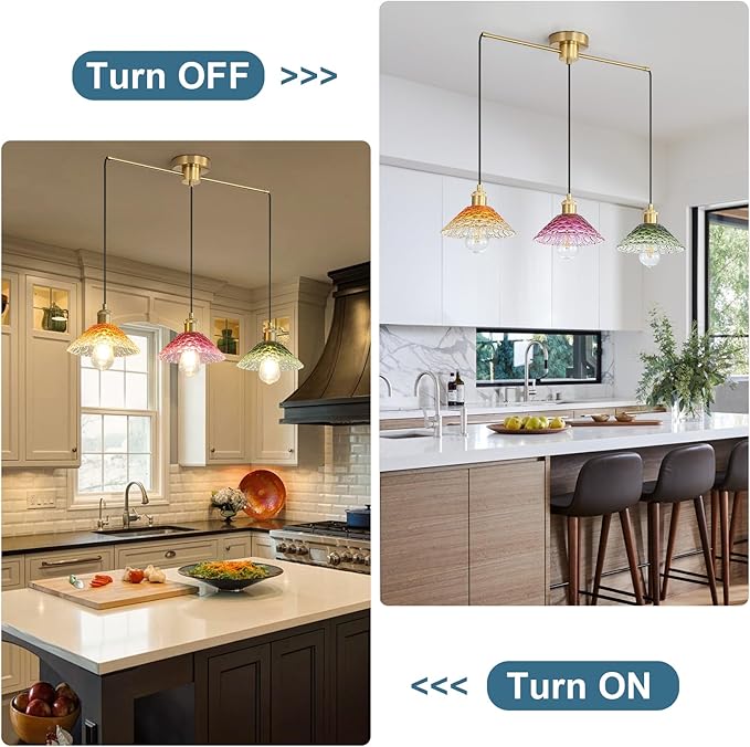 3-Light Pendant Lights Kitchen Island, Ceiling Hanging Lighting Fixtures, Colorful Vintage Glass Shade Pendants, Modern Gold Dining Room Chandeliers Height Adjustable for Farmhouse Living Room-Ruum Studio Home